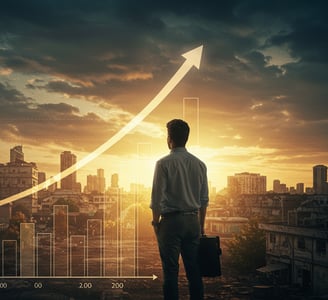 a man standing in front of a cityscapeople