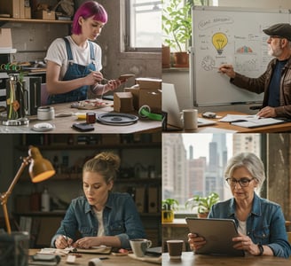 a series of photos of a woman in a blue shirt and a man in a