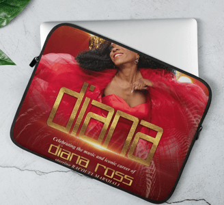 a laptop case with a picture of a woman in a red dress