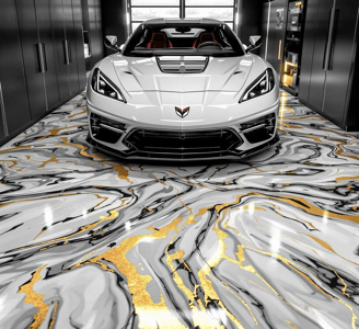 white, black, gold, and silver metallic epoxy floor under corvette in garage