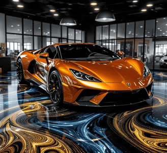 Gold,Blue and Black metallic epoxy flooring in a showroom with a exotic car.