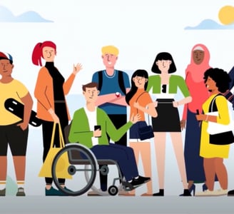 a group of people standing around a man in a wheelchair