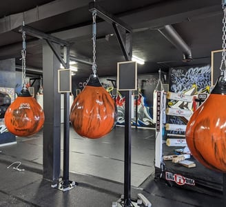 a group of punching bags hanging in a boxing gym