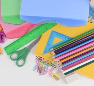 school supples, pencils rulers, paper