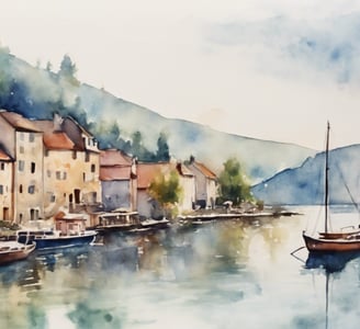 Watercolor painting of a boat in the water
