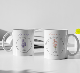 July and August birth flower mugs with personality traits