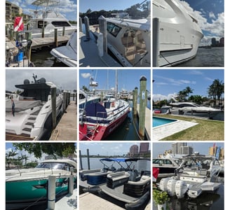 a collage of photos of boats docked at a dock