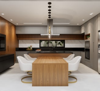 cozinha moderna cinza e madeira de um projeto de interiores