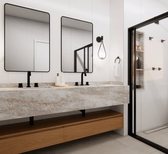 banheiro com duas pias com cores claras de um projeto de interiores
