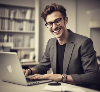 A person is typing on a MacBook Pro, viewing a website titled 'Personalize your portfolio.' The webpage displays three sections related to investing, each with different images and text. The laptop is on a grey table with a dark sofa and indoor plants in the background.