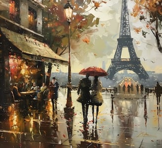 Oil painting of a couple under umbrella in Paris walking to Eiffel Tower.