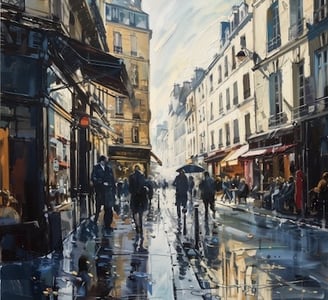 Oil painting of a city street scene in Paris.