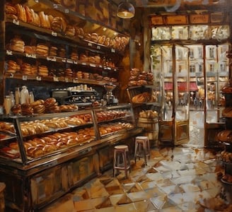 Oil painting of Paris boulangerie.