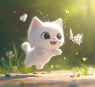 Cute kawaii kat rent achter vlinder aan