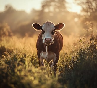 Een koe in een veld, vroeg in de morgen