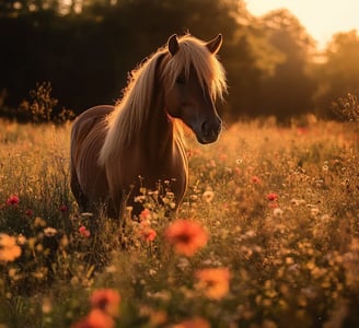 Paard in een weide met bloemen