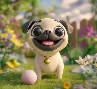 Schattige kawaii pug met een bal
