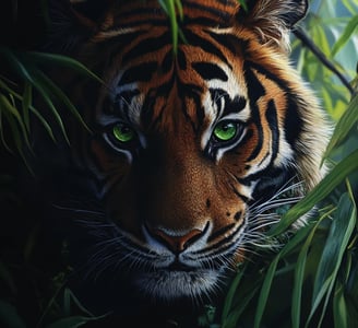 Tijgerhoofd tussen de balderen van jungle planten