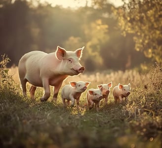 Moeder varken met haar biggetjes lopen door een veld