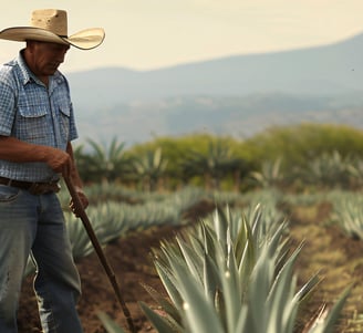 Hombre trabajando en los campos de Mezcal de Lu Mezcal con paisajes hermosos