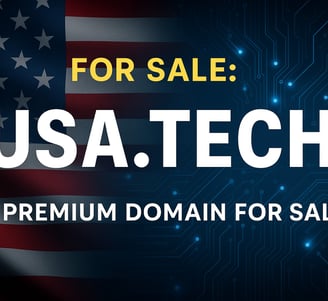 USA.TECH domain for sale banner with U.S. flag and tech circuit background
