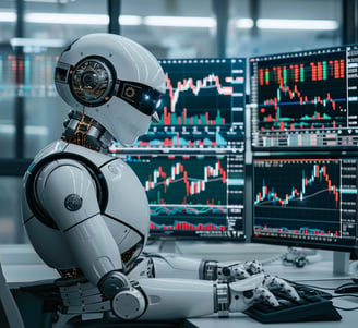 A robot sits at several screens and works. The screens show all trading parameters