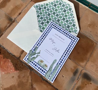 bespoke watercolor invitation and envelope liner for a destination wedding in marrakech morocco