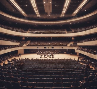 A conductor passionately leads an orchestra, with musicians attentively playing their string instruments. The setting is a concert hall with dim lighting focused on the performers.