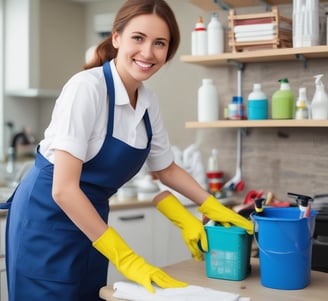 A person wearing protective clothing, a face mask, and gloves is cleaning a white cushioned furniture piece using a vacuum cleaner. The setting appears to be indoors with bright natural light streaming in through large windows. A green potted plant is placed next to a white sofa, adding a touch of nature to the clean and tidy environment.