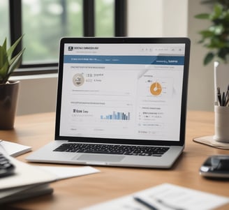 A laptop displays a credit score website with a score of 825, labeled as excellent, set on a wooden table with a smartphone nearby. Dark leafy plant elements are blurred in the background.