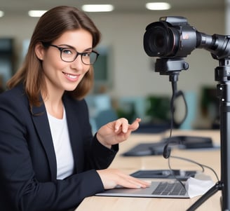 a woman in a suit and glasses is holding a camera