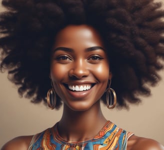 A woman with styled hair and a jeweled headband smiles broadly. She is wearing a detailed, beaded garment. The background displays various hairstyling products and equipment.