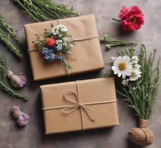 A gift wrapped in plain brown paper is tied with a red and white striped string. Attached is a brown paper tag with the text 'made in Santa's Workshop'. The background consists of a festive red color and a glimpse of a plaid pattern below the gift.