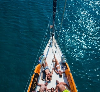 Weekly charters from Kefalonia relaxing onboard with friends and family in Kefalonia