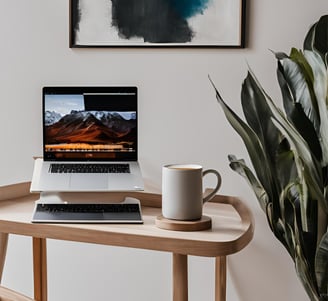 a laptop computer sitting on a table with a cup of coffee