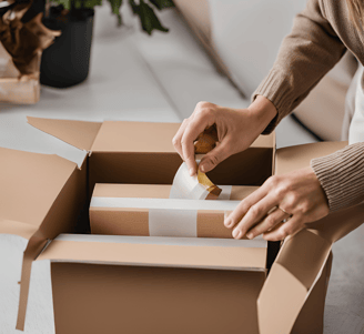 a woman is putting a piece of paper in a box