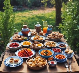 A family enjoys breakfast together at a light-filled table. The table is set with waffles, berries, orange juice, coffee, and a variety of small dishes containing condiments and toppings. Two adults and a child are engaged in a lively conversation, surrounded by plants and a cozy seating area.