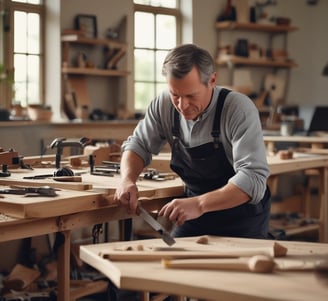 A person wearing traditional clothing is working meticulously on what appears to be an intricately designed wooden furniture piece or artifact. The background shows a large quantity of stacked wooden planks, indicating a workshop or carpentry setting.