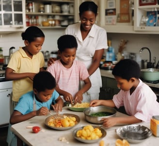 A caregiver is feeding a young child with a spoon while sitting outdoors. The child is wearing a blue and brown shirt with red pants and looks contemplative. Another child is nearby wearing a striped shirt, observing the scene. The setting appears to be an informal outdoor space with dirt and concrete steps.