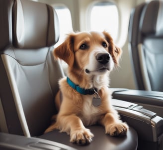 A small dog with tan and black fur is seated in a pet carrier on the back seat of a car. The interior of the car has patterned seat coverings, and the dog is wearing a blue harness. The carrier is decorated with white paw prints. Outside, part of a green building and a parked car are visible through the window.