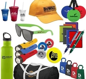 a variety of promotional items including a water bottle