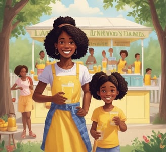 A bright and heartwarming illustration of a young Black girl with big, expressive brown eyes and two