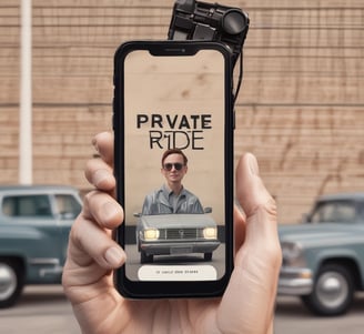 A person holds a smartphone displaying the Uber logo on the screen. The phone is oriented vertically and appears to be in use. The person is dressed in a light-colored sleeve, and the background is a neutral, blurry surface.