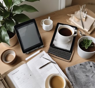 A workspace featuring a keyboard, mouse, monitor, and a tablet displaying icons for design software such as Photoshop, Premiere, After Effects, Illustrator, and Audition. A book titled 'Graphic Design Play Book' is positioned next to a plant, and a pink transparent container is near the monitor.