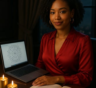 Black woman studying birth chart by moonlight with candles and astrology book.