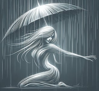 AI generated line art image of woman under an umbrella in the rain