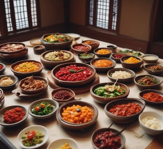 A steaming bowl of Korean stew with large chunks of tofu immersed in a spicy red broth is presented in a black stone pot. Accompanying the stew, there is a small bowl of white rice and what appears to be a Korean pancake on a separate white plate in the background.