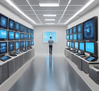 A hand holding a thermal scanner is pointed towards a rack of computer servers. The servers are illuminated with blue LED lights, giving a technological and futuristic feel.