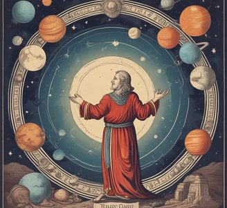 A collection of vintage-like astrology-themed items featuring an astrology book or card on top of celestial maps. The design includes circular and linear patterns reminiscent of old astronomical charts. A large, dried brown leaf is placed beside these items, contrasting with the soft textured surface beneath.