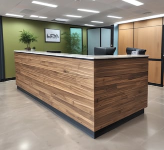 An interior space featuring a modern showroom with large ceramic tiles and bright lighting. The walls display brand signage and various tile samples. A sleek, minimalist desk is centered, surrounded by a clean and spacious environment.